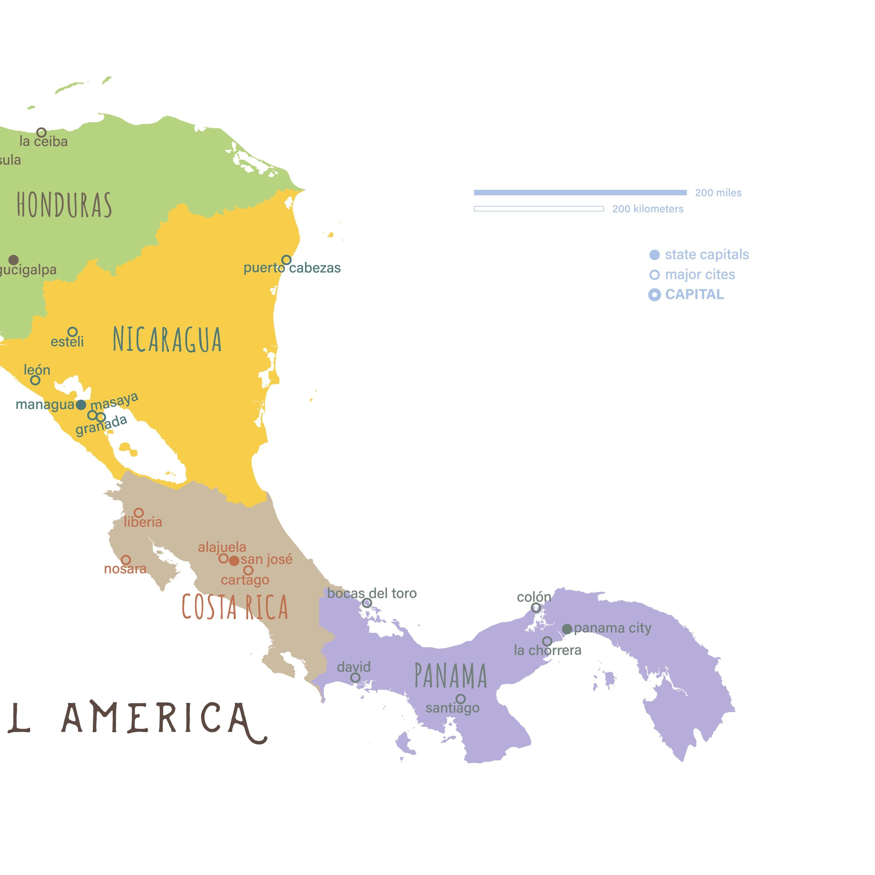 Central America Map Art Print: A Soft, Colorful Portrait of Seven Lands ...