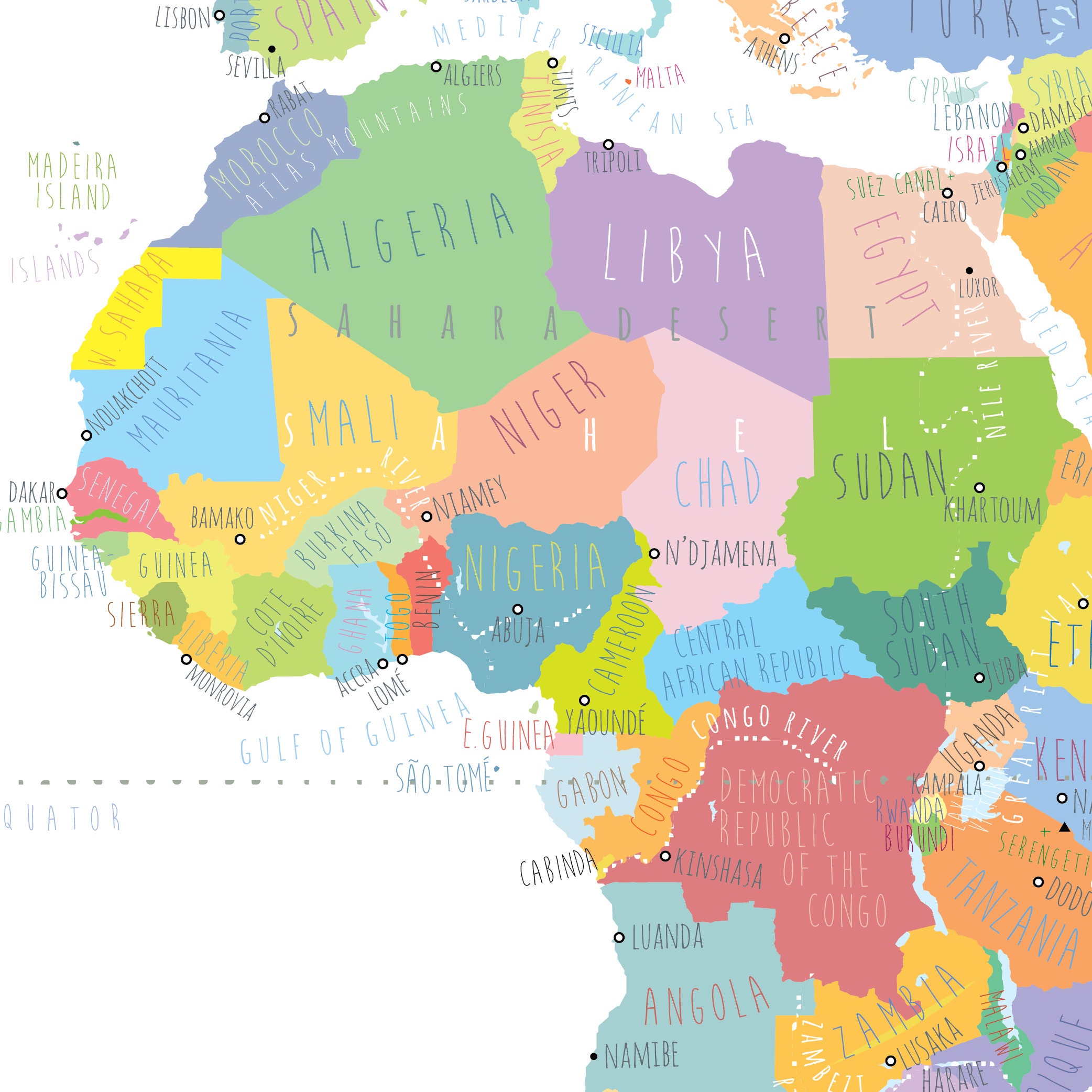 World Map With Countries PRINTABLE Map of the World Wall Art - Etsy