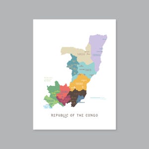 Mapa de la República del Congo, departamentos y capitales de la República del Congo para imprimir, mapa de Congo Brazzaville etiquetado, decoración del hogar (#P646)