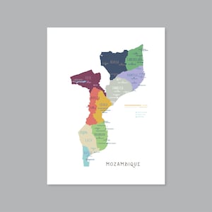Mapa de Mozambique, provincias y capitales de Mozambique para imprimir, mapa etiquetado de Mozambique, decoración del hogar (#P647)