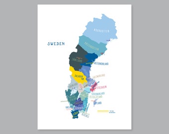 Sweden Map, PRINTABLE Sweden County and Capitals, Labeled Sweden Map, Modern home decor (#P581)