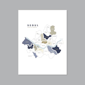 Mapa de barrios de Seúl, mapa imprimible de Seúl, póster de Seúl, Corea, arte mural de Corea, mapa de distritos de Seúl, descarga digital (#P525)