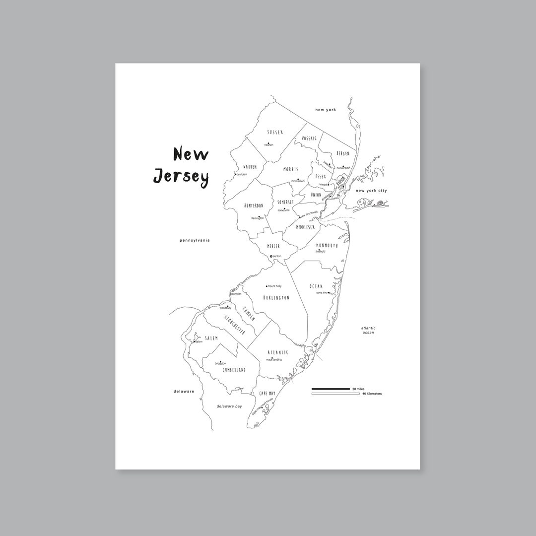 New Jersey Map Poster, PRINTABLE New Jersey County Map NJ, New Jersey ...