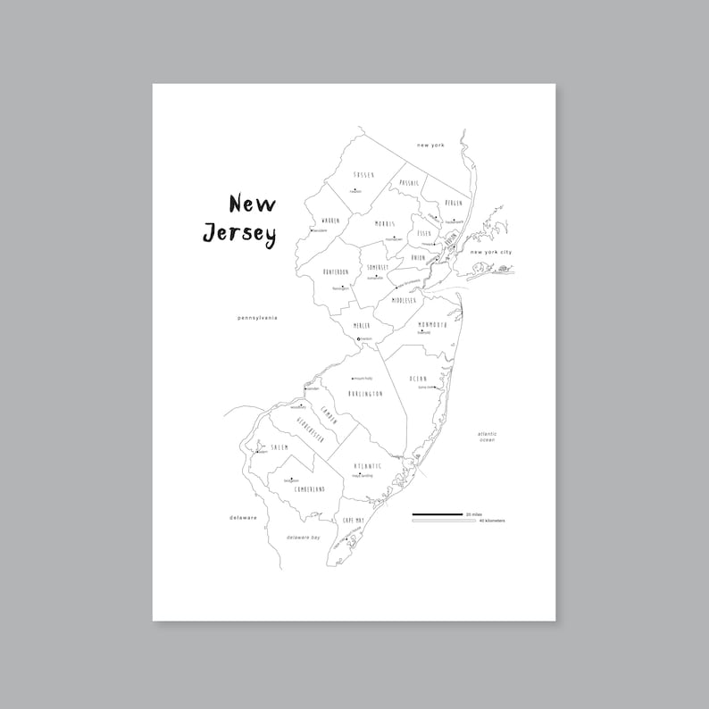 New Jersey Map Poster, PRINTABLE New Jersey County Map NJ, New Jersey ...