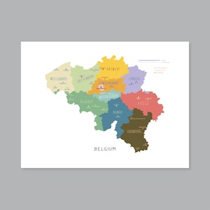 Carte de la Belgique imprimable Provinces et capitales de la Belgique, étiquetée Carte de la Belgique avec capitales, grandes villes Décoration d'intérieur moderne (#P613)