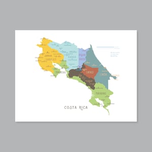 Costa Rica Map Art, DRUCKBARE Costa Rica Provinzen und Hauptstädte, beschriftete Costa Rica Karte mit Hauptstadt, modernes Wohndekor (#P630)
