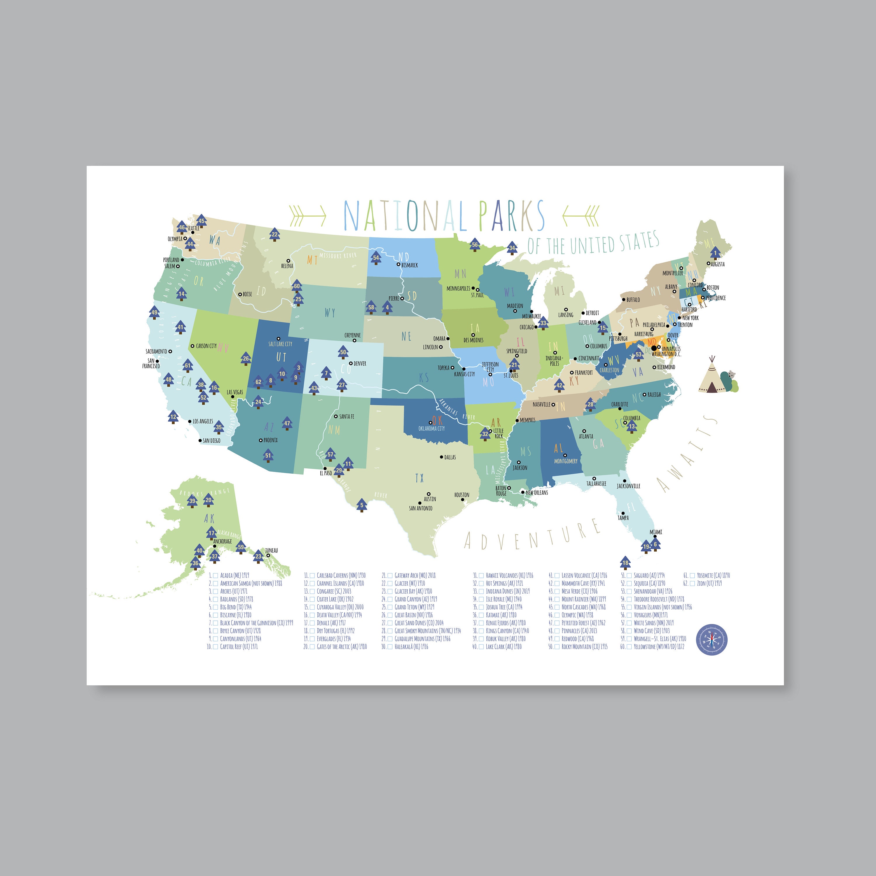 us national park map printable adventure awaits us national etsy