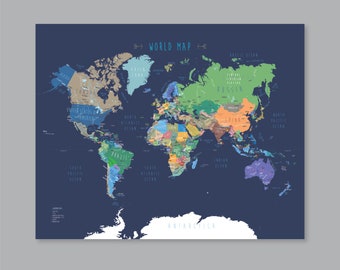 World map with countries, PRINTABLE worldmap Map of the World wall art Kid nursery Modern home decor (#P428)