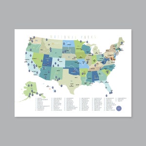 Carte des 63 parcs nationaux des États-Unis, carte des parcs nationaux des États-Unis à imprimer, décoration d'intérieur pour chambre d'enfant, 63 parcs nationaux (#P420B)