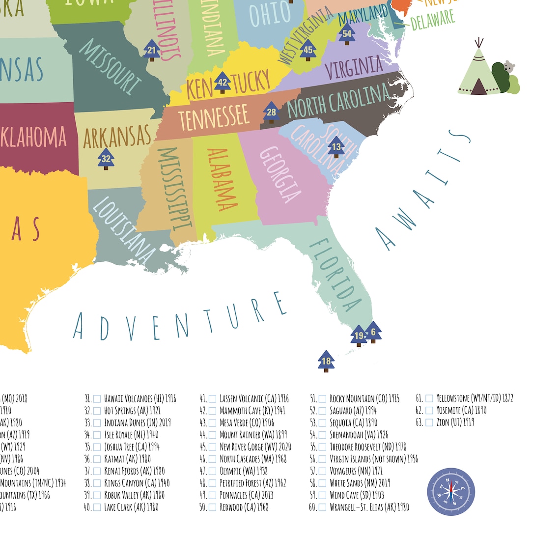 63 national parks map usa printable adventure awaits us etsy