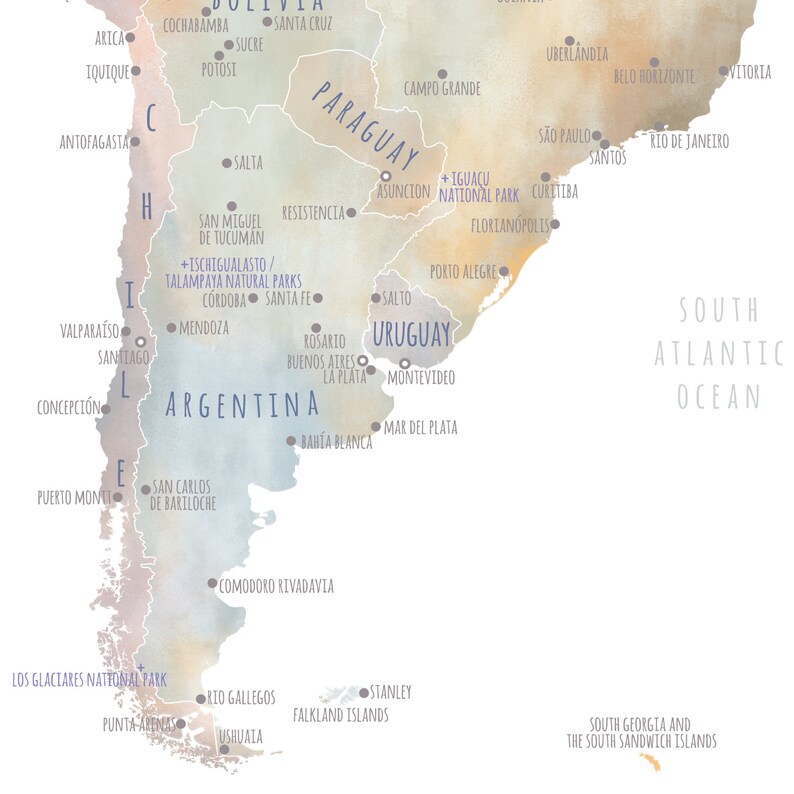 May include: A watercolor-style map of South America, featuring countries like Argentina, Brazil, and Chile. Cities and geographical features are labeled in a soft, muted color palette. The South Atlantic Ocean is also labeled.