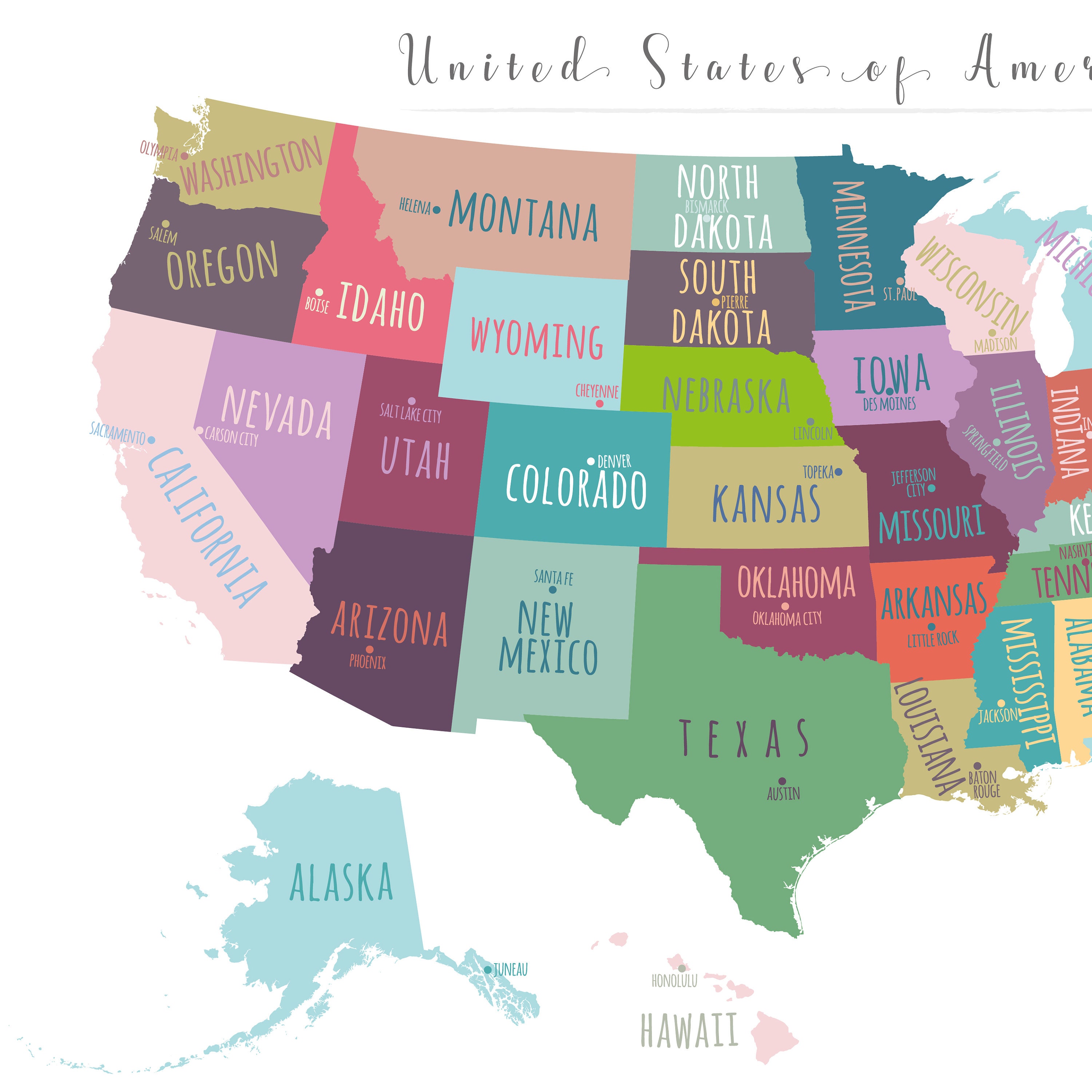 US Map Capitals Wall Art PRINTABLE United States Map Print | Etsy