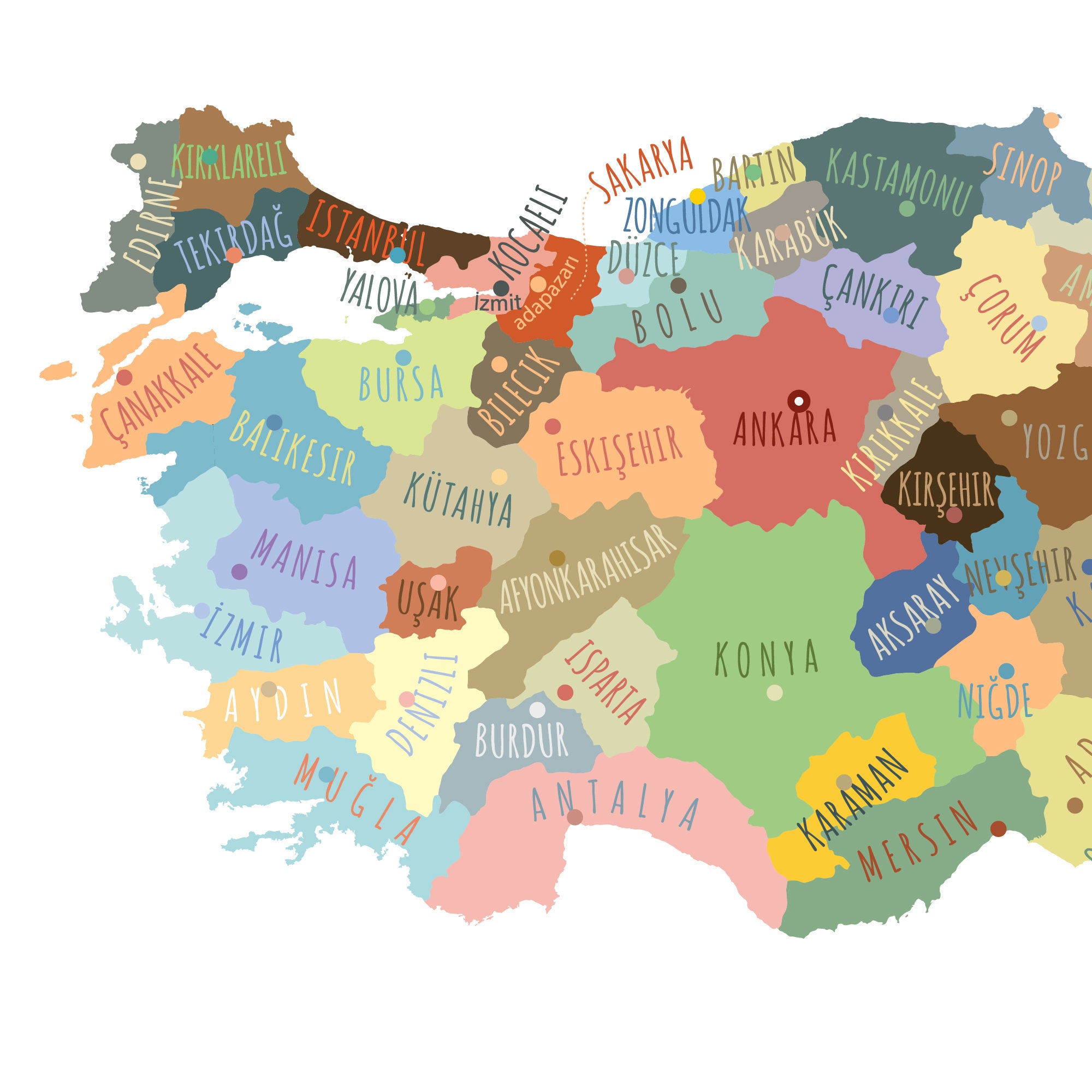 Turkey Map, PRINTABLE Turkey Province and Capitals, Labeled Turkey Map