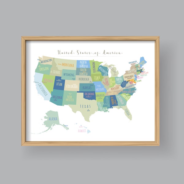 US Map Capitals Wall Art, PRINTABLE United States Map Print, Usa Map States Capitals Wall Art, USA Map for Kids, Kids Room Decor (#P451)