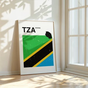 Póster de la bandera de Tanzania: arte mural imprimible, impresión minimalista del mapa de Tanzania, decoración de viaje, ilustración vintage de la bandera (#F108)