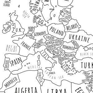 World map with countries, PRINTABLE Map of the World wall art Black and white world map Kid nursery Modern home decor (#P423)