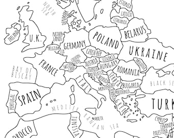 Carte du monde avec les pays, carte du monde imprimable, art mural, carte du monde en noir et blanc, chambre d'enfant, décoration d'intérieur moderne (#P423)