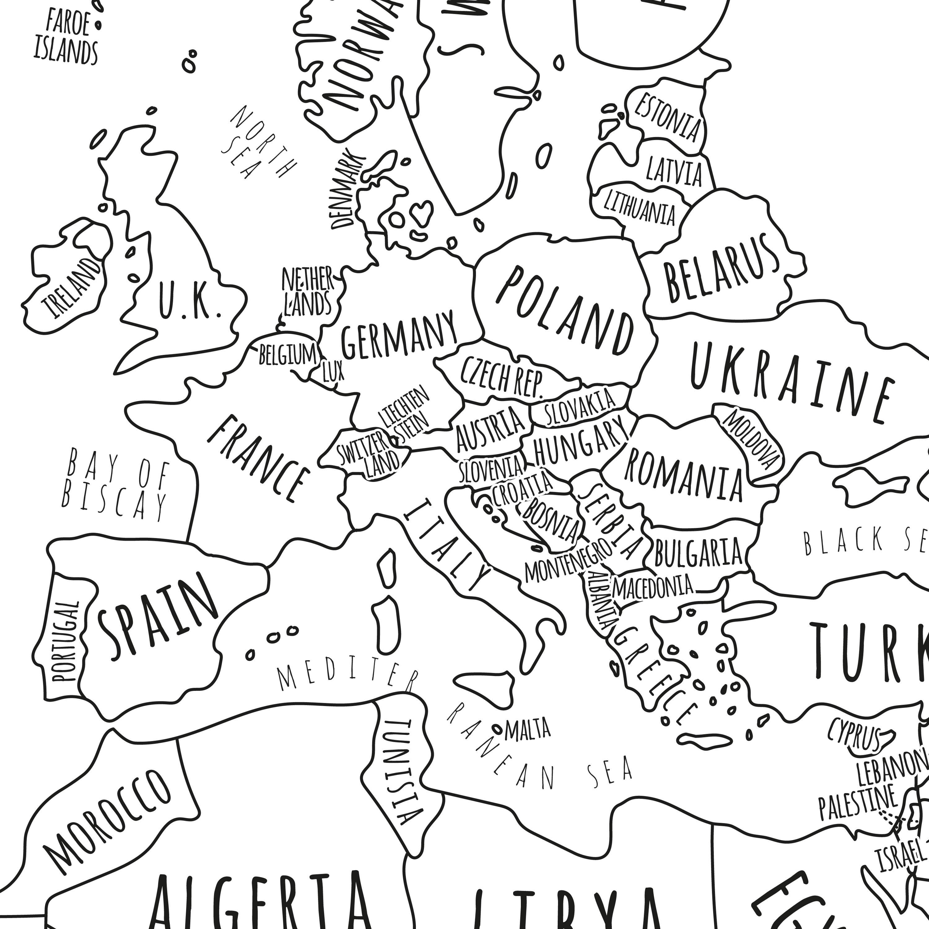 World map with countries, PRINTABLE Map of the World wall art Black and white world map Kid nursery Modern home decor (#P423)