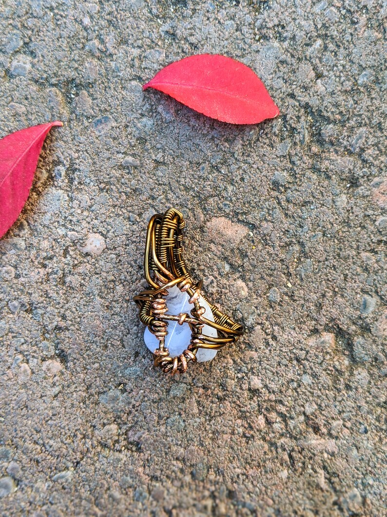 crystal pendant includes adjustable leather cord Blue lace agate wire wrap pendant vintage bronze vintage brass