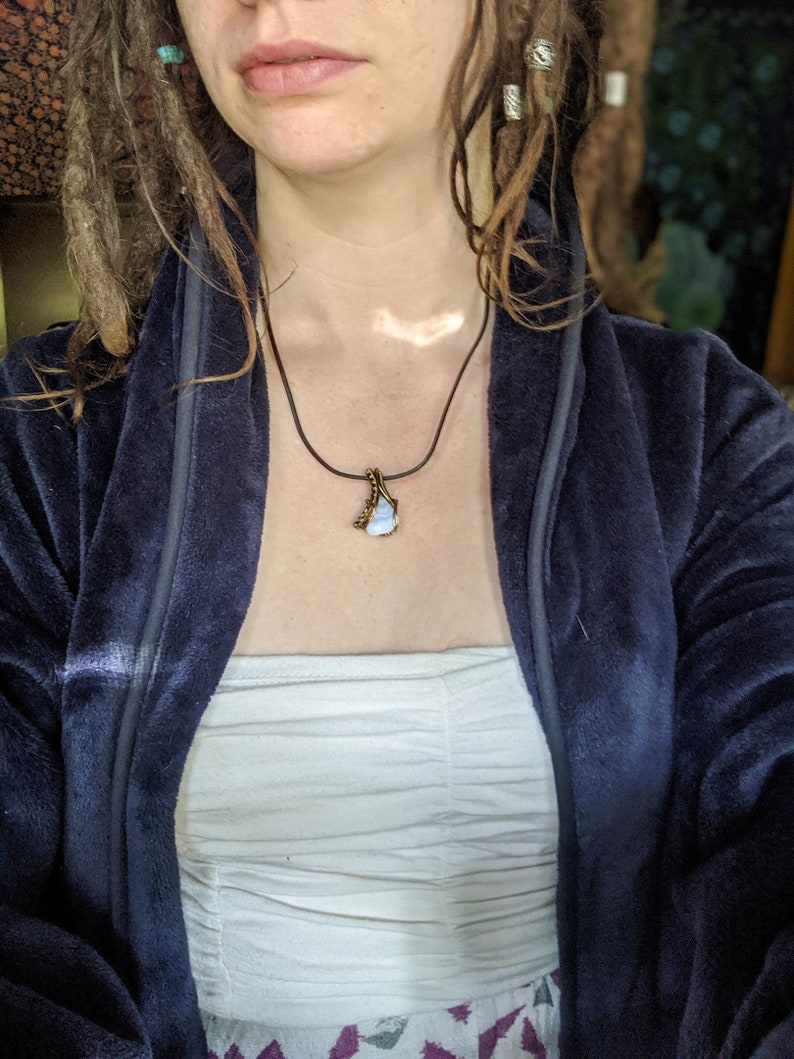 crystal pendant includes adjustable leather cord Blue lace agate wire wrap pendant vintage bronze vintage brass