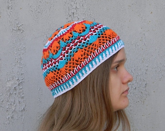 Bright cotton hat for women Summer beanie hat Crochet skull cap Colorful Beanie Yoga Beanie Lacy