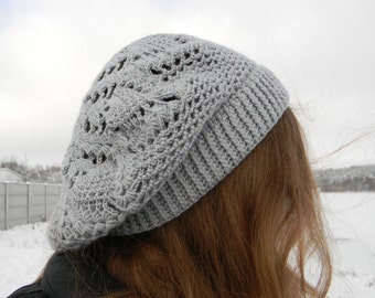 Crochet Slouchy hat for women Gray beret size 22-23 Lace crochet beret