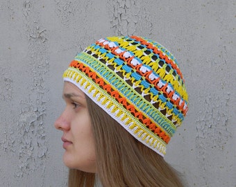 Summer crochet hat Striped cotton hat for women Colorful beanie Yoga Beanie Lacy Gypsy