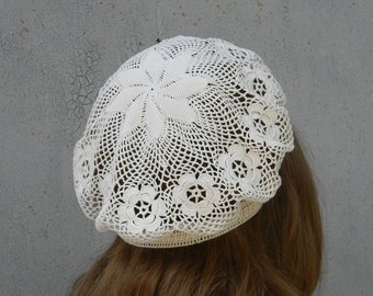 Béret d'été au crochet pour femme couvre-chef en coton, bonnet en dentelle fine