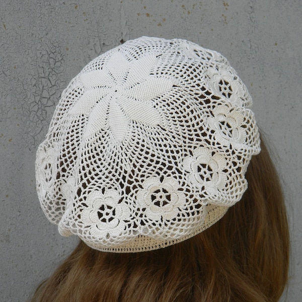 Béret d'été au crochet pour femme couvre-chef en coton, bonnet en dentelle fine