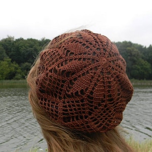 Crochet cotton hat for women Brown summer beret