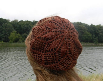Crochet cotton hat for women Brown summer beret