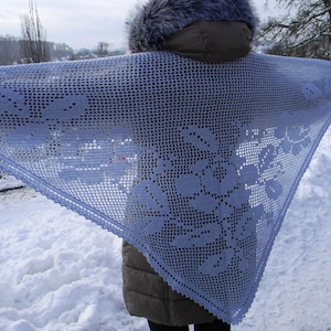 Navy blue crochet shawl Gray triangle warm shawl