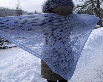 Navy blue crochet shawl Gray triangle warm shawl