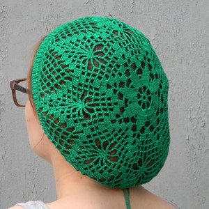 Green cotton crochet beret for women lace beanie plant mom gift