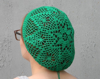 Green cotton crochet beret for women lace beanie plant mom gift