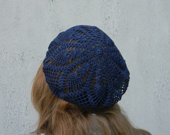 Navy blue handmade beret for woman crochet hat cotton summer slouchy hat gift for mom