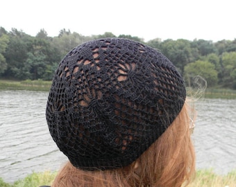 Crochet Black hat for women Cotton skull cap Summer beanie beach summer hat