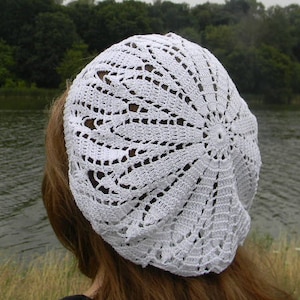 Crochet cotton beret for women Summer beanie Slouchy lace hat