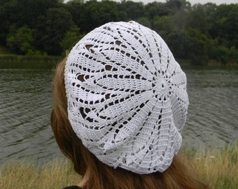 Crochet cotton beret for women Summer beanie Slouchy lace hat