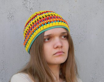 Crochet skull cap Summer beanie Hippie cotton hat Colorful Beanie Gypsy crochet hat Cotton Yoga Beanie Lacy