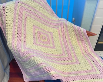 Baby Pink & Ecru Stripe Mixed Stitch Machine Washable Square Crochet Afghan Blanket 44" x 44"