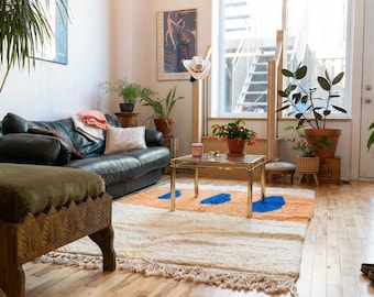 Moroccan Rug Handmade Wool 8x10 - Ivory Neutral with Orange Blue Modern Boho Area Rug for Living Room Bedroom - Mrirt