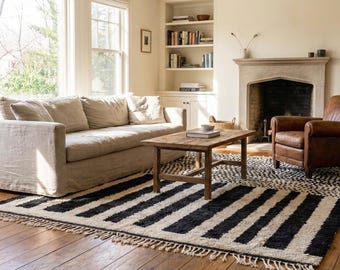 Alfombra marroquí hecha a mano de lana, tamaño personalizado, moderna y minimalista, color blanco y negro, para sala de estar, dormitorio, bereber.