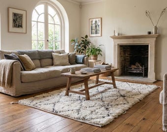 Alfombra marroquí de lana hecha a mano de 2x3 pies - Alfombra minimalista bohemia color marfil y negro para sala de estar y dormitorio Beni Ourain