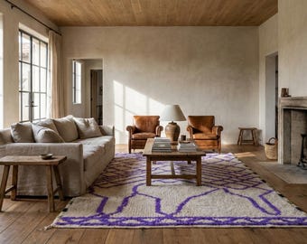 Alfombra marroquí hecha a mano de lana de 20 x 25 cm - Alfombra abstracta color marfil y morado, moderna alfombra bohemia para sala de estar, estilo bereber