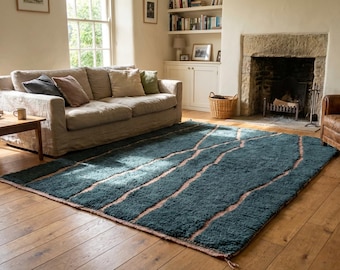 Alfombra marroquí de lana hecha a mano de 7x10 pies - Alfombra moderna estilo boho azul marino para sala de estar y dormitorio - Mrirt Berber