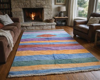 Moroccan Rug Handmade Wool 8x5 - Colorful Modern Kilim Boho Area Rug for Living Room or Bedroom