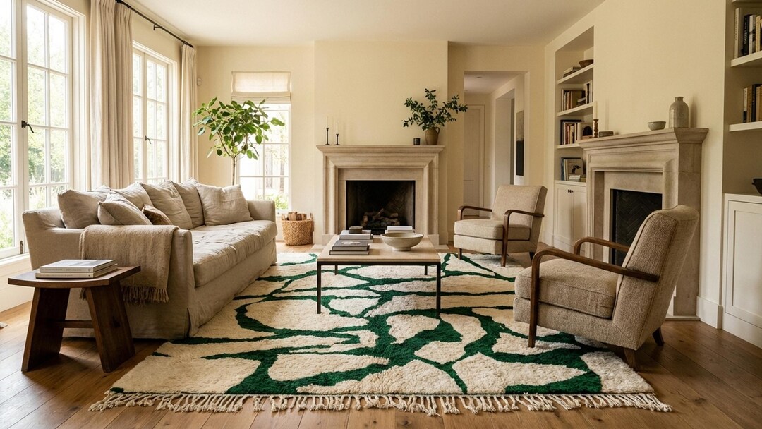 Moroccan Rug Beni Ourain 8x10 Wool Ivory Green Minimalist Living Room ...