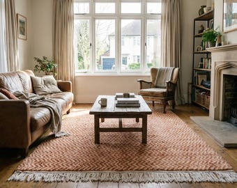 Alfombra marroquí de lana hecha a mano de 8x10 pies - Marfil óxido neutro, estilo boho moderno para sala de estar y dormitorio.