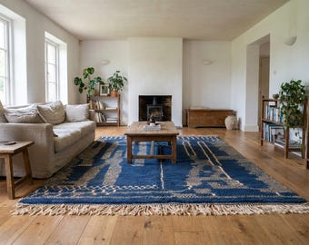 Alfombra marroquí de lana hecha a mano de 7x10 pies - Alfombra moderna azul neutra para sala de estar, decoración minimalista bohemia - Beni Ourain